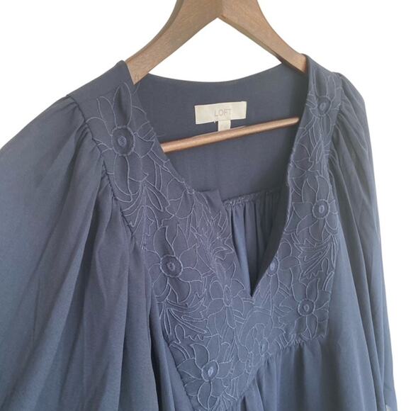 LOFT Navy Blue Floral Embroidered Design Sheer Blouse - Large - Picture 3 of 7